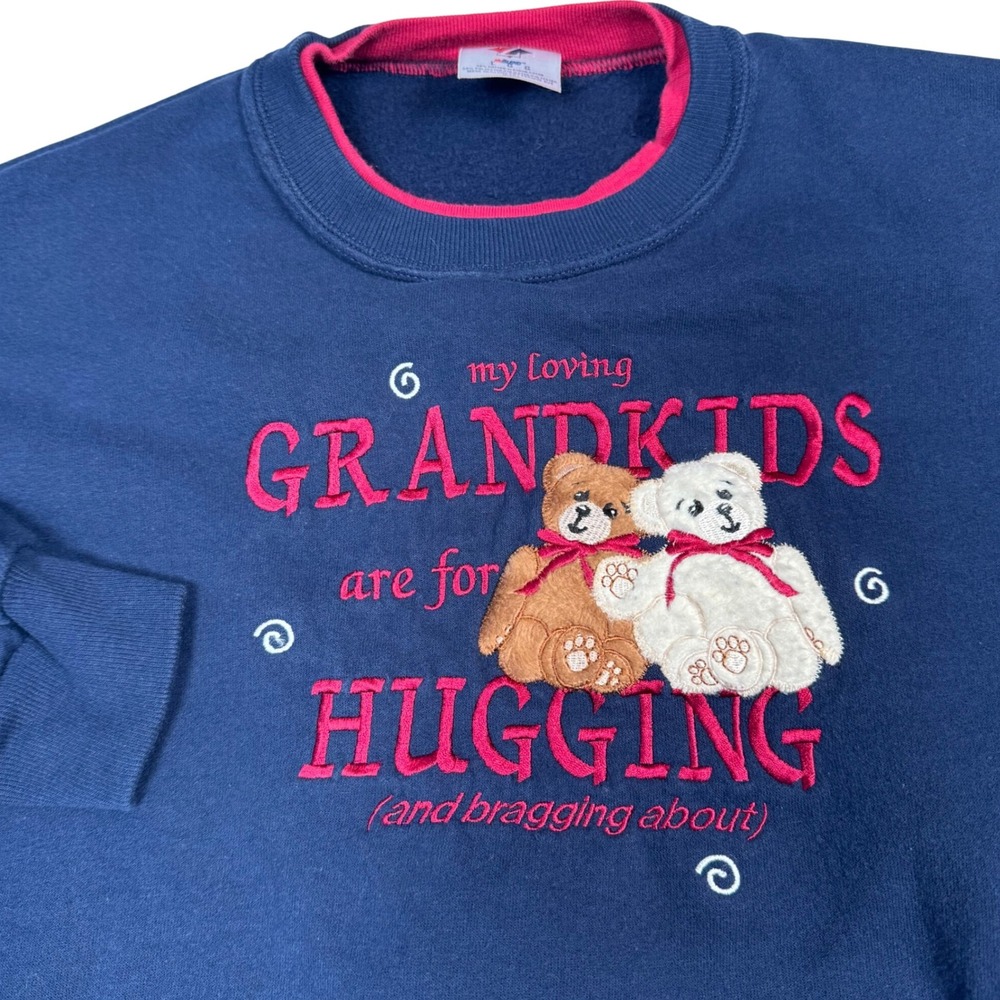 VTG Jerzees Women‎ L Navy Sweatshirt Hugging Teddy Bear Embroidered Grandma Cute